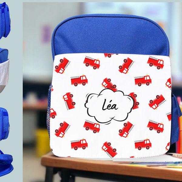 sac à dos bleu camion de pompier avec le prénom de l'enfant personnalisé - cartable bleu rouge ou rose petit garçon petite fille non genré