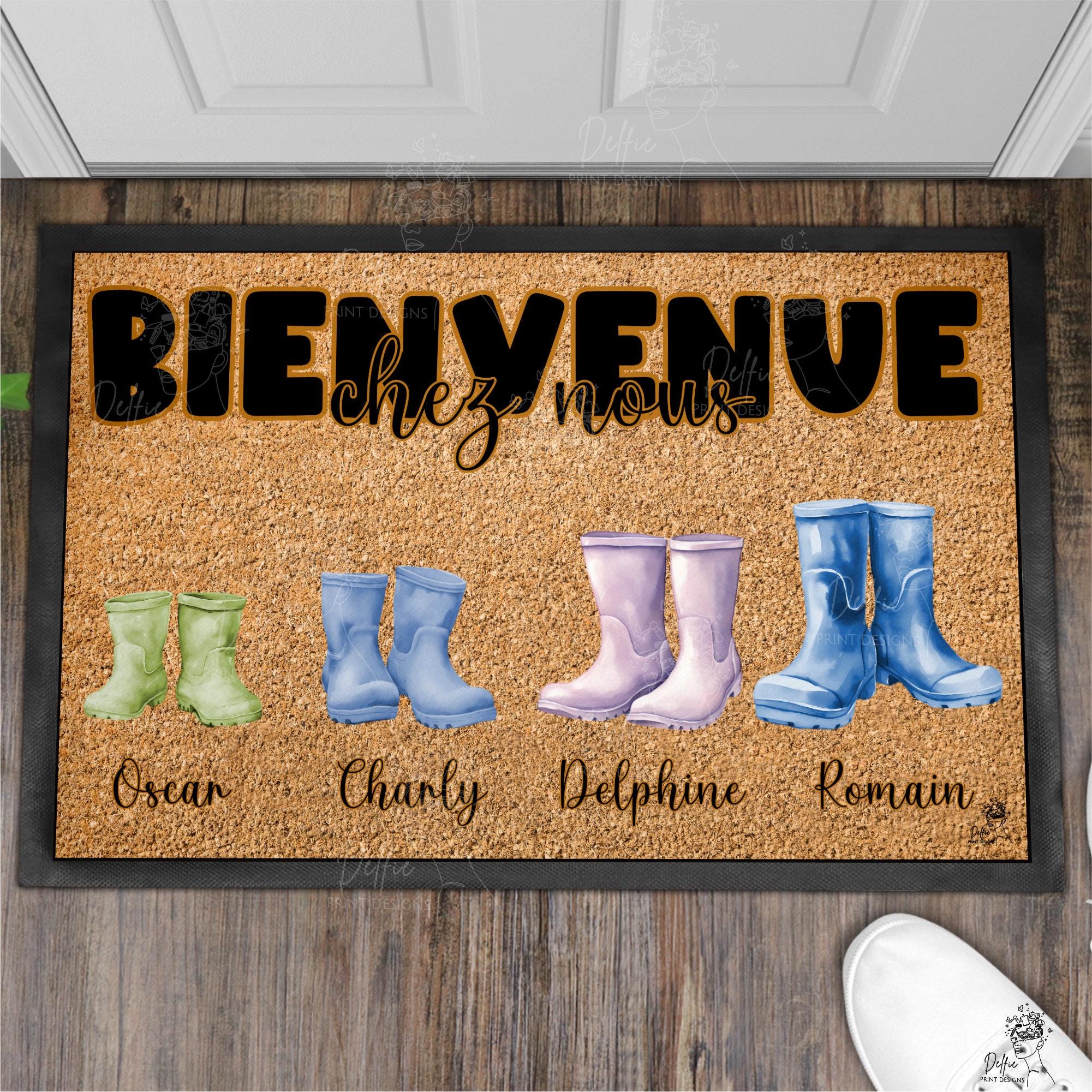 Personalized Family in Rain Boots Doormat, entrance mat with the image of your family with your pets cat or dog