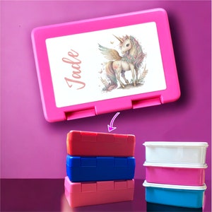 Boîte à goûter pour enfant Licorne avec nom personnalisé/Lunch box / Cadeau enfant kit maternelle la boite pour sandwich, en-cas ou 4 heures