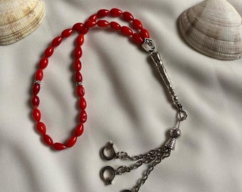 Handcrafted Red Coral Tasbih: 33-Bead Prayer Beads, Islamic Gift