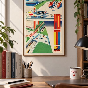 Puede incluir: Un póster enmarcado de estilo vintage que presenta una escena urbana futurista con helicópteros, un barco y arquitectura moderna. La obra muestra un texto vertical en negrita en rojo, amarillo y azul que dice "HT" y el año "1966".