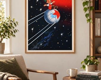 Murzilka on Sputnik Poster | 1960s Soviet Space Art | Retro Sci-Fi Print