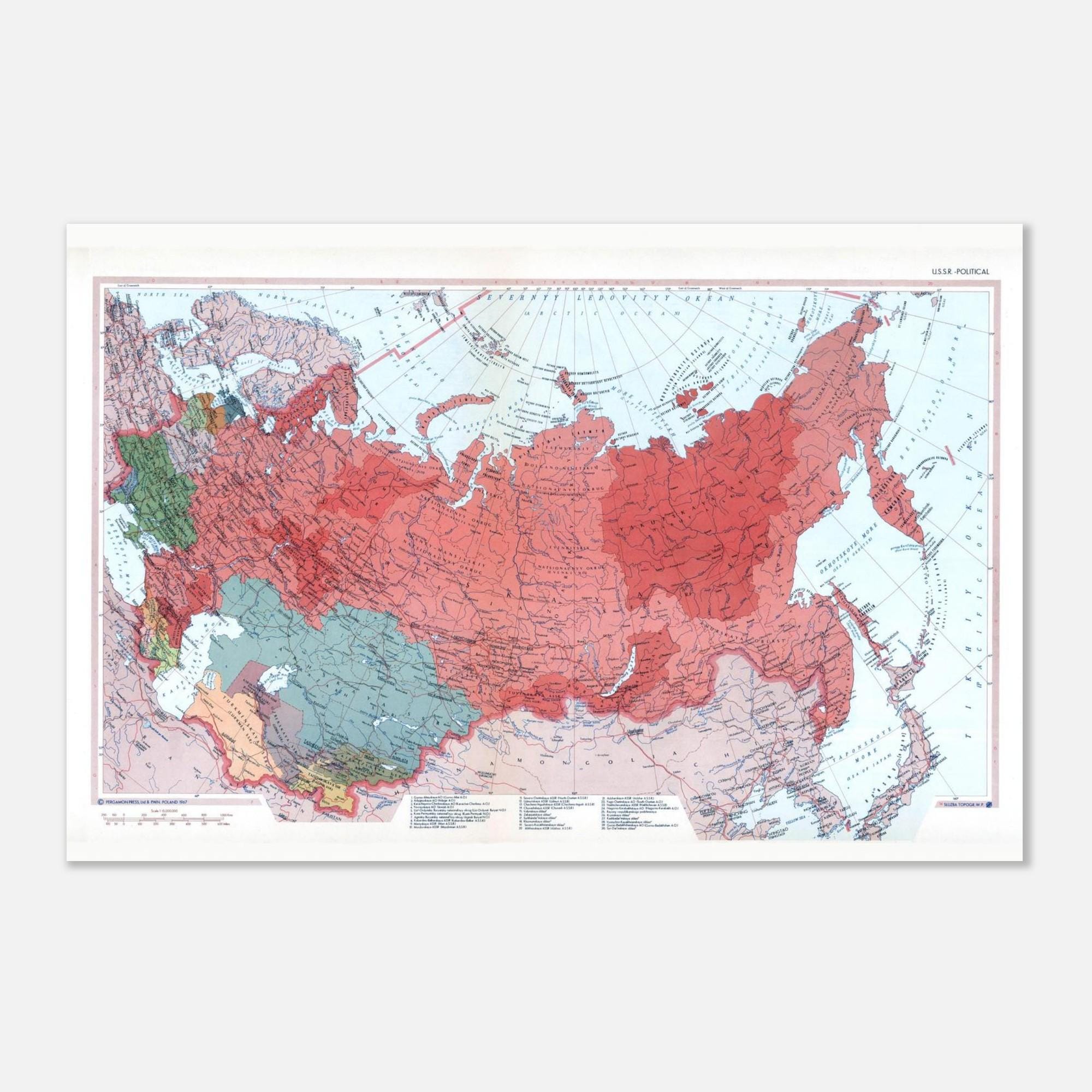 Cold War USSR Political Map - Soviet Union Poster [english Language] - Etsy