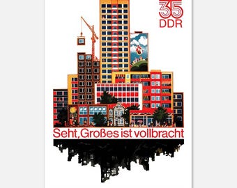 DDR Jahrestag Plakat, DDR Architektur Kunst (Reprint von 1984)