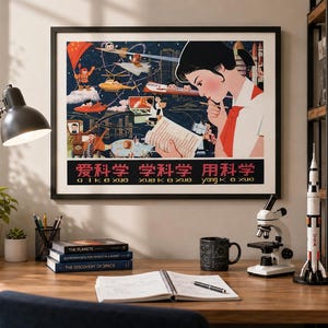 Aimez la science, apprenez la science, utilisez la science | Affiche de propagande chinoise (réimpression de 1980)