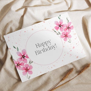 Printable Birthday Card with Flowers, Floral Birthday Card,  Digital Happy Birthday Card, Print at Home