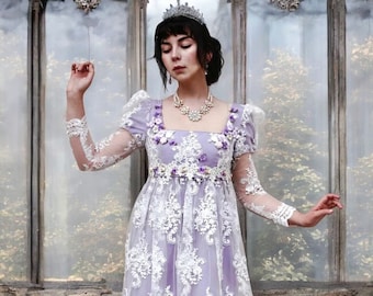 Made to order. Bridgerton inspired pink lace regency dress embroidered size small