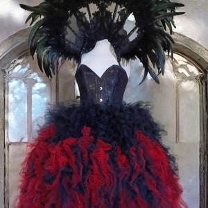 Gothic Burlesque Costume Feather Collar Corset Two Tone Skirt Halloween