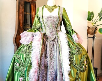 Green Robe a la francaise 18th century handmade dress gown Marie Antoinette Flowers Roses made to order