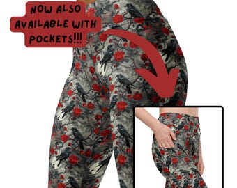 Leggings góticos rojos y grises con cuervos y rosas. Ropa deportiva moderna de cintura alta para mujer. Tallas XS-6X. ¡A prueba de sentadillas! Con o sin bolsillos laterales profundos.