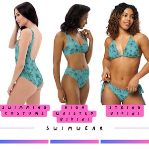 Peut inclure: Trois styles de maillots de bain différents avec un imprimé de palmiers tropicaux. Un maillot de bain une pièce, un bikini taille haute et un bikini string.