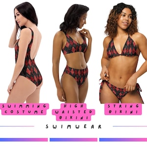 May include: Three women model different styles of swimwear with a red and black diamond pattern. The first woman wears a one-piece swimsuit. The second woman wears a high-waisted bikini. The third woman wears a string bikini. The text "SWIMMING COSTUME", "HIGH WAISTED BIKINI", and "STRING BIKINI" is displayed below each woman. The text "SWIMWEAR" is displayed below the three women.