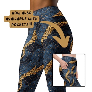 Leggings - Blue Yellow Snake Skin Python Scales High Waisted funky ladies gym wear - XS - 6X! Squat Proof! Now with or without side pockets.