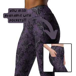 May include: Purple leggings with a black damask pattern. The leggings have pockets on the sides. The text "NOW ALSO AVAILABLE WITH POCKETS!!!" is written on the image.
