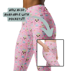 May include: Pink leggings with a repeating pattern of nutcrackers, cakes, and candies. The leggings have a high waist and are available with pockets. Text on the image reads "NOW ALSO AVAILABLE WITH POCKETS!!!".