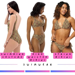 May include: A swimwear collection including a one-piece swimsuit, a high-waisted bikini, and a string bikini. Each item displays a geometric pattern in yellow, red, green, and black. The word "SWIMWEAR" is shown below the swimsuits.