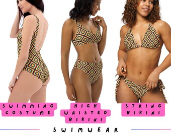 High Waisted Bikini, String Bikini & swimsuit - Tribal Boho Geometric