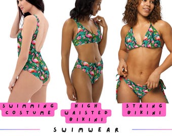 Swimsuit, High Waisted Bikini & String Bikini - Tropical Flamingos