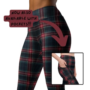 May include: Leggings with a plaid pattern in green, red, and black. The leggings have a high waist and a close fit. The image includes the text "NOW ALSO AVAILABLE WITH POCKETS!!!" and an inset image showing a pocket.