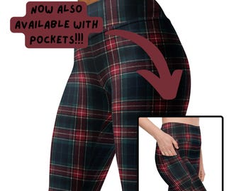 May include: Leggings with a plaid pattern in shades of green, red, and black. The leggings have a high waist and a close fit. The image includes the text "NOW ALSO AVAILABLE WITH POCKETS!!!" and an inset image showing a pocket.