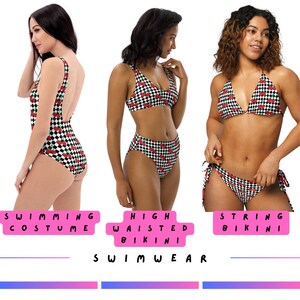 May include: Swimwear collection featuring a black and white checkered pattern with red cherry accents. Styles include a one-piece swimsuit, a high-waisted bikini, and a string bikini. The word "SWIMWEAR" is written in the image.