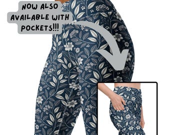 Leggings - Fantasia floreale autunnale blu navy e bianca - Vita alta, abbigliamento sportivo alla moda - Taglie dalla XS alla 6X! Resistenti agli squat! - Con o senza tasche laterali profonde