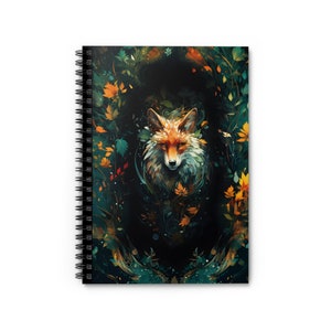 Quaderno con foglie autunnali di volpe fantasy, diario della stagione autunnale della volpe, quaderno di salute mentale autunnale della volpe magica, quaderno scolastico autunnale della bellissima volpe