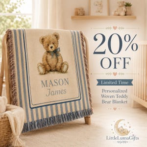 Personalized Woven Teddy Bear Baby Blanket, Custom Name Bear Blanket, Newborn Nursery Throw, Baby Shower Gift, Heirloom Keepsake
