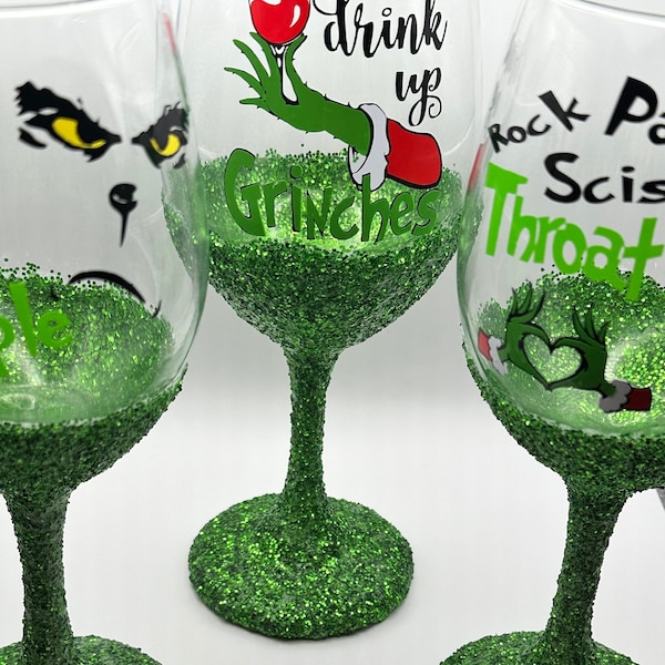 Holiday Glitter Wine Glasses inspired by the Grinch - Stemless wine glass - Christmas wine glasses