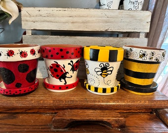 Bumblebee or Ladybug Handpainted Pots