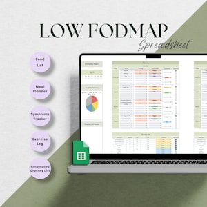 FODMAP-dieetplanner Google Spreadsheets, Low Fodmap-voedsellijst, Darmgezondheid Maaltijdplanner Spreadsheet, PDS Food Journal, Fodmap-tracker, sportschoollogboek