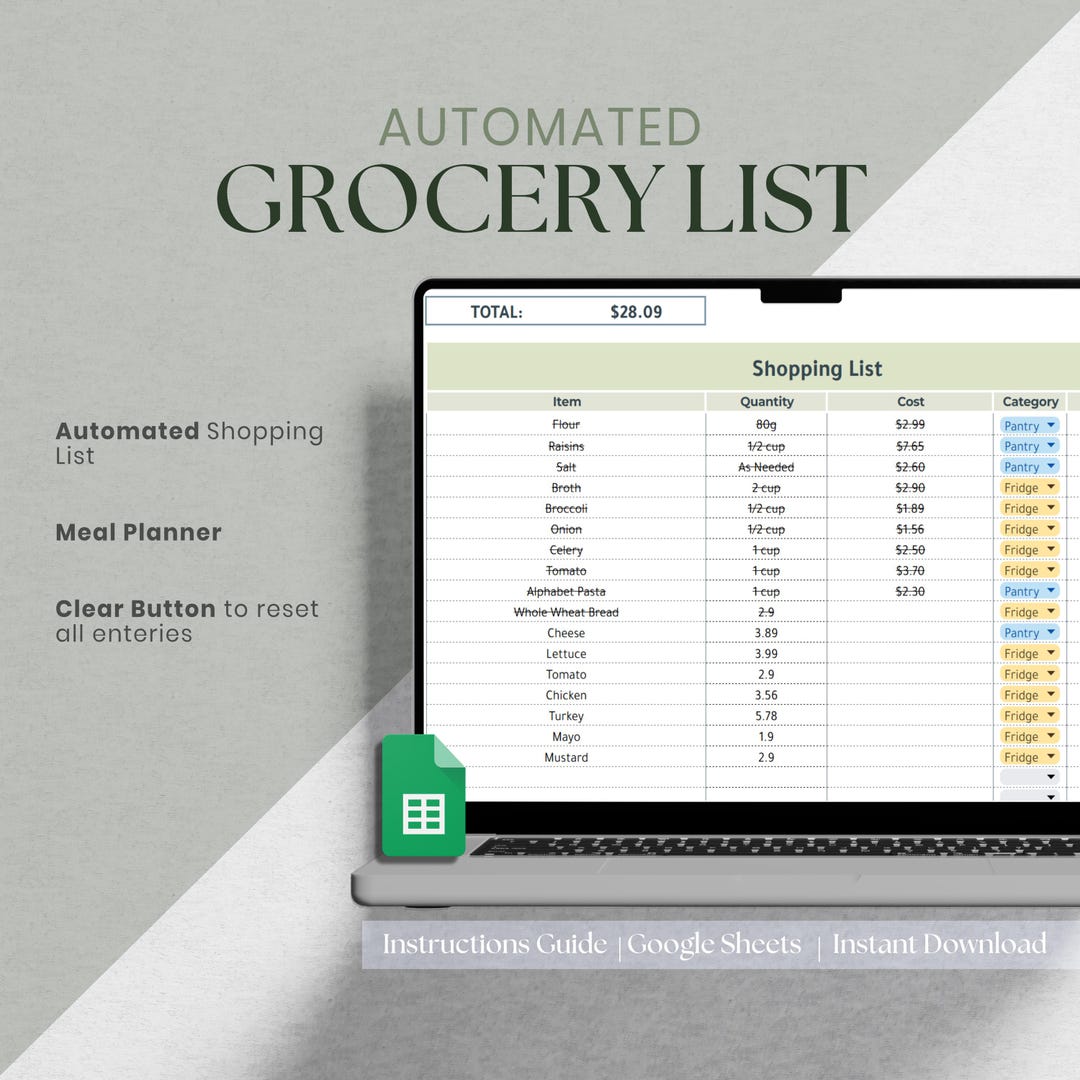 Automated Grocery List Template Google Sheets Digital Grocery List
