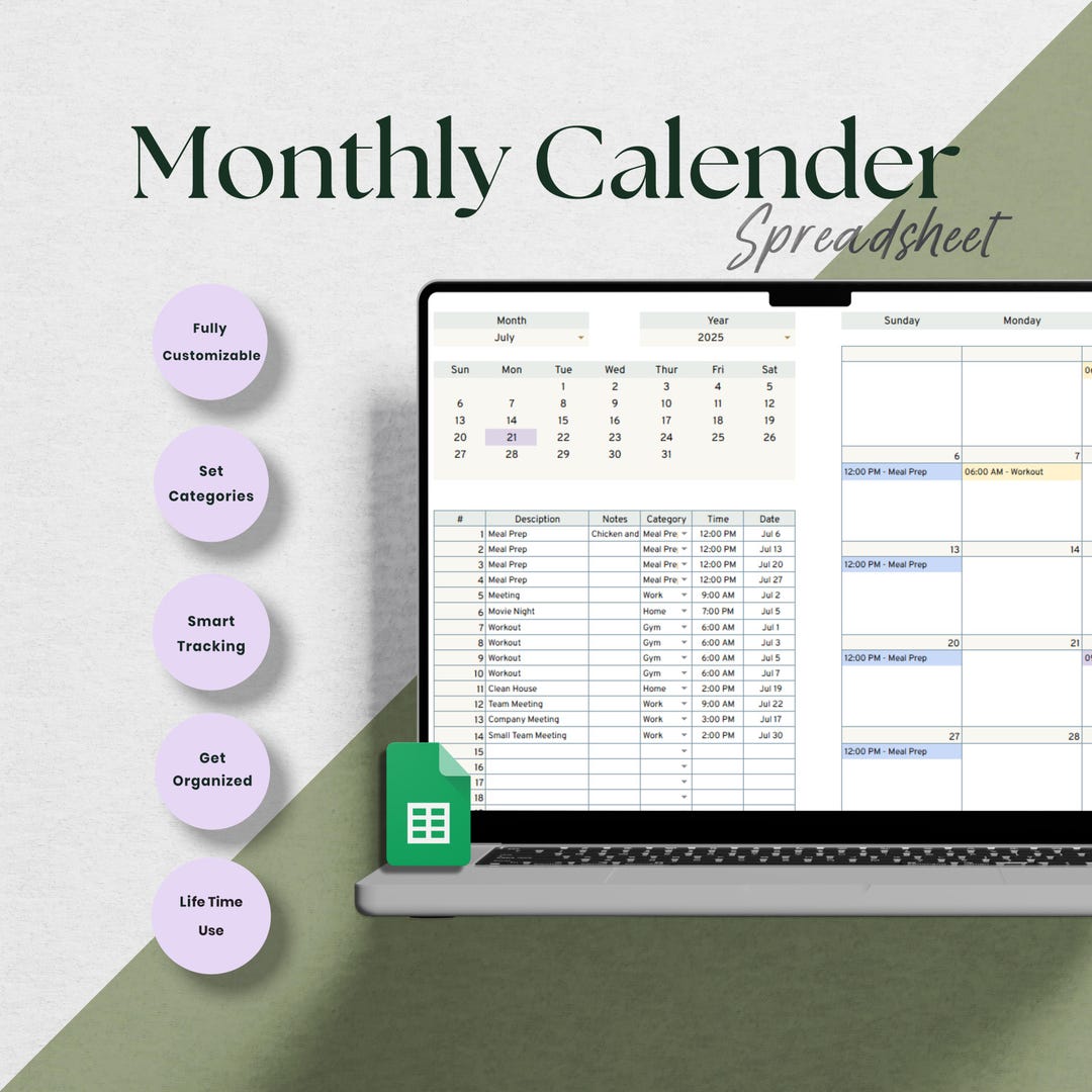 Monthly Calendar Google Sheets Spreadsheets, Perpetual Calendar, Daily ...
