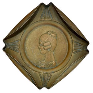 Antique 1900&#39;s Art Nouveau Brass ashtray with hammering out of a Young Lady
