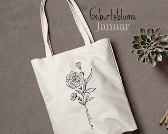 Jutebeutel Geburtsblume Januar personalisiert | Nelke Schneeglöckchen | Stofftasche mit Namen |Geschenk Freundin | Stoffbeutel Kollegin