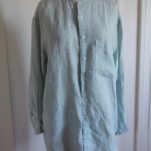 Vintage Italian Linen Band Collar Check Button-Down Shirt