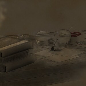 May include: A still life image of a wooden table with a stack of books, a violin, a candle, a bottle, a quill pen, an inkwell, a glass goblet, and a compass.