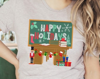 Camisa de Navidad para maestros, pizarra de felices fiestas, camisa linda para maestros, regalo de Navidad para maestros, camiseta para nuevos maestros, camisa de Navidad para la escuela