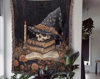 Mystical Witch Skull Throw Blanket, Dark Academia Tapestry, Spooky Aesthetic Decor, Witchy Floral Skull Wall Art, Goth Enchanted Bookshelf