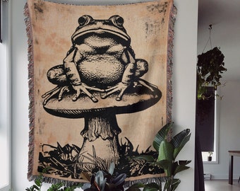 Cottagecore Throw Blanket, Frog on a Mushroom, Vintage Toad Animal Tapestry, Boho Wall Art, Goblincore Decor, Nature Aesthetic, Earthy Tones