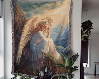 Lovely Guardian Angel Woven Throw Blanket, Angelic Religious Tapestry, Thoughtful Memorial Gift, Spiritual Home Decor, New Age Wall Art