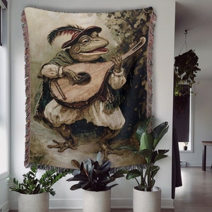 Rustic Cottagecore Woven Tapestry, Vintage Toad Bard, Fantasy Medieval Decor, Fairycore and Cottagecore, Witchy, Magical Renaissance