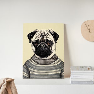 Eclectic Art, Pug Wearing a Sweater, Retro Wall Decor, Boho Decor, Vintage Art, Surreal Art, Pug Lover Gift, Pug Decor, Dog Art