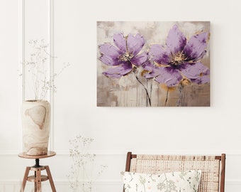 Boho Canvas Art, Violet Flowers, Modern Wall Decor, Apartment Art, Boho Decor, Canvas Art, Abstract Art, Floral Art, Botanical Art, Classy