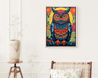 Boho Art, Block Print Owl, Retro Wall Decor, Boho Decor, Vintage Art, Owl Canvas Art, Modern Art, Abstract Art, Botanical, Owl Decor, Floral