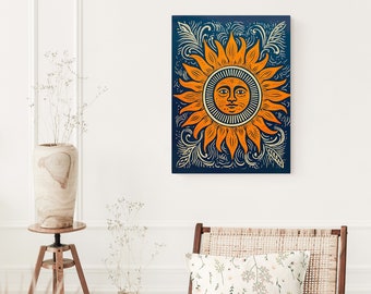 Sun Boho Wall Art, Sun Face Block Print, Retro Wall Decor, Boho Decor, Retro Art, Tropical Art, Coastal, Beach House Art, Vintage Art