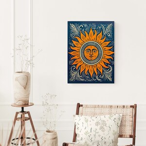 Sun Boho Wall Art, Sun Face Block Print, Retro Wall Decor, Boho Decor, Retro Art, Tropical Art, Coastal, Beach House Art, Vintage Art