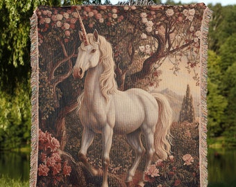 Majestic Unicorn Woven Tapestry, Vintage Mythical Animal Throw Blanket, Fantasy Medieval Decor, Fairycore and Cottagecore, Witchy, Magical