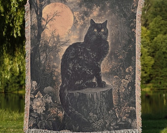 Goth Tapestry, Midnight Cat Engraving, Dark Academia Throw Blanket, Spooky Boho and Cottagecore, Witchy Decor, Mystical Aesthetic, Halloween