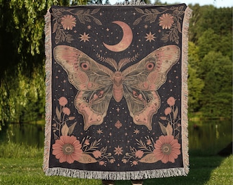 Goblincore Woven Throw Blanket, Aesthetic Moth, Woodland Goth Tapestry, Cottagecore Wall Art, Witchy Boho Decor, Dark Academia, Botanical